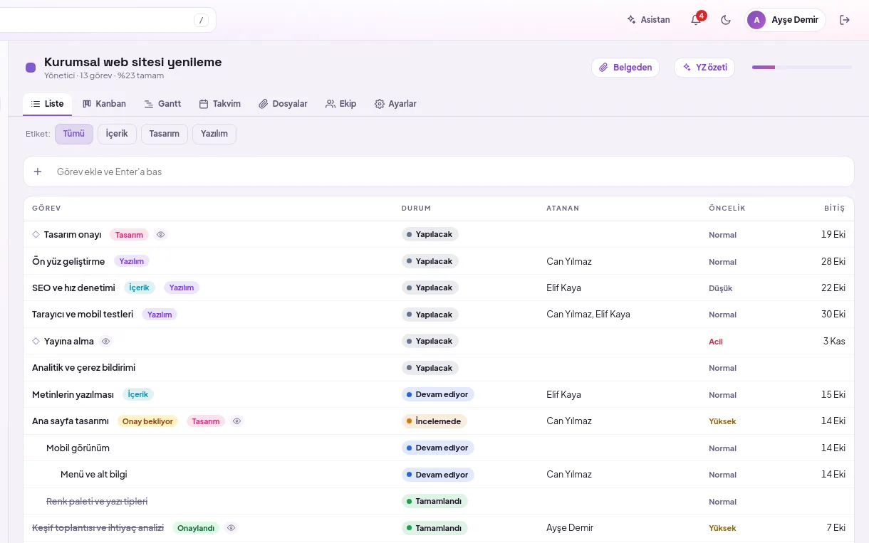 demo ekranı (demo verisiyle)