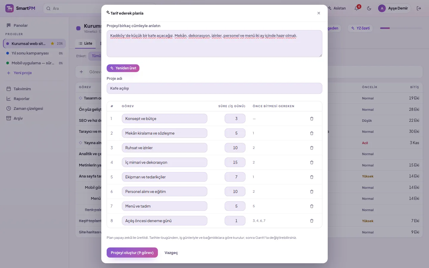 demo ekranı (demo verisiyle)